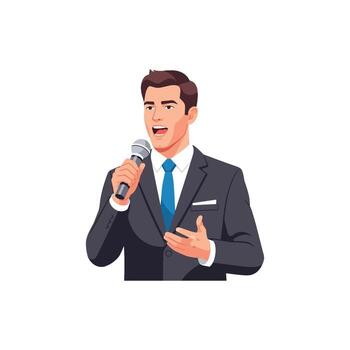 An executive delivers a dynamic public speaking presentation, communicating strategic announcements, fostering collaboration for successful business discussion, and team planning vector