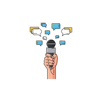 profesional comunicación y público Hablando con un micrófono, Fomentando dinámica discusión, anuncio, y diverso colaboración en negocio reuniones o equipo presentaciones vector