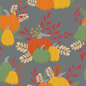 Seamless fall fall pattern with leaves and pumpkins in flat style on grey background vector