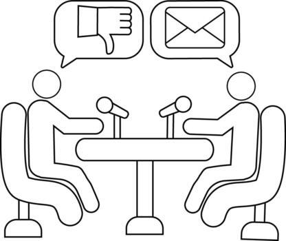 icon of two people on a podcast and a like icon and a message icon with a white background vector