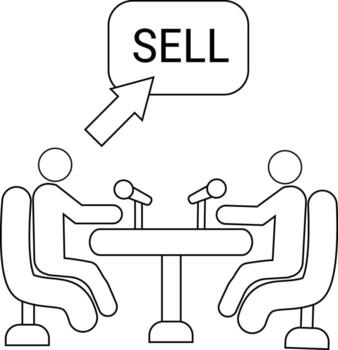 icono de dos personas en un podcast y un vender botón icono con un blanco antecedentes vector