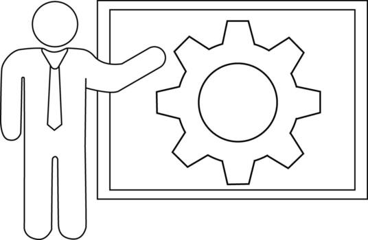 icono de un persona presentación en un monitor y un engranaje icono con un blanco antecedentes vector
