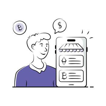 Cryptocurrency Marketplace Illustration with Mobile App and Digital Tokens vector