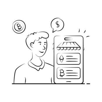 Cryptocurrency Marketplace Illustration with Mobile App and Digital Tokens. vector