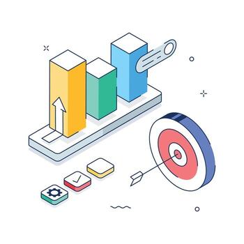 Data analytics strategy isometric illustration highlighting insights, tracking, and business goals vector