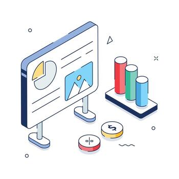 An isometric illustration showcasing a presentation board with various data visualizations vector