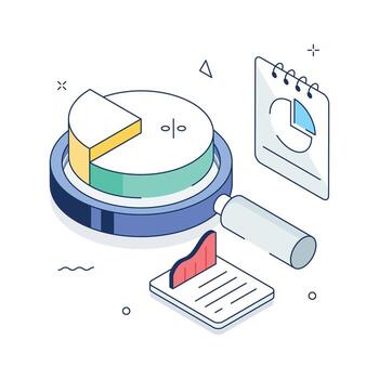 An isometric illustration of a magnifying glass focusing on a layered pie chart. vector
