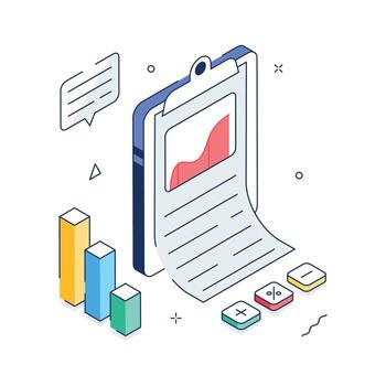 mercado reporte isométrica ilustración con portapapeles y datos cartas vector