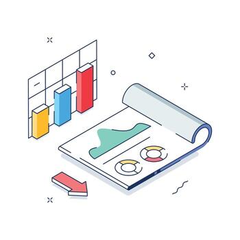 Business Analytics Isometric Illustration with Documents and Bar Graphs vector
