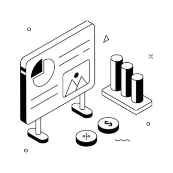 An isometric illustration showcasing a presentation board with various data visualizations. vector