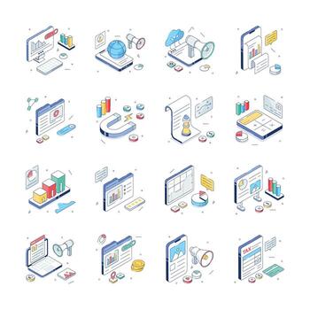 A collection of isometric illustrations depicting different business data visualization and marketing tools. vector