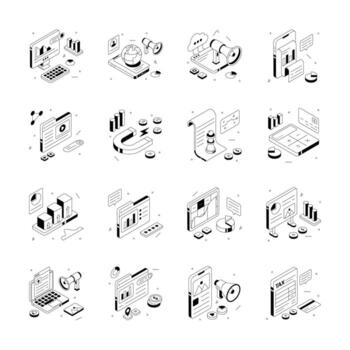 Isometric illustrations of business data visualization and marketing tools vector
