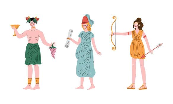 Ancient Greek God with Dionysus Holding Drinking Cup and Grape Vine and Artemis with Hunting Bow and Arrow Set vector
