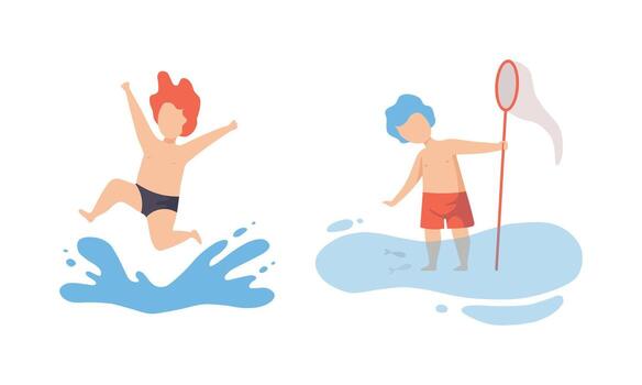 Boy Having Vacation at Sea Splashing in Water and Catching Fish with Net Set vector