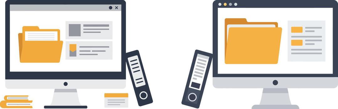 dos ordenadores mostrando digital carpetas y archivos con aglutinantes en escritorio. vector