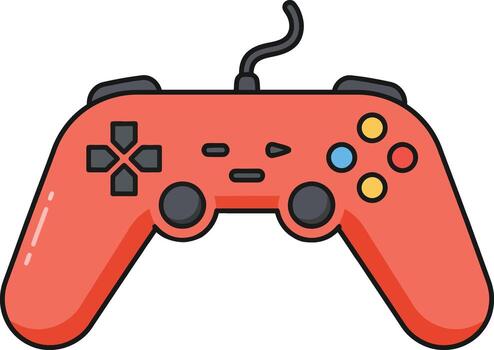 Red wired game controller with buttons and joystick. vector