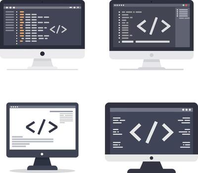 illustration set of computer monitors with programming code. vector