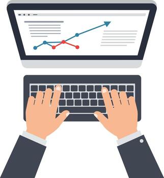 manos mecanografía en teclado con computadora pantalla demostración datos análisis y crecimiento. vector