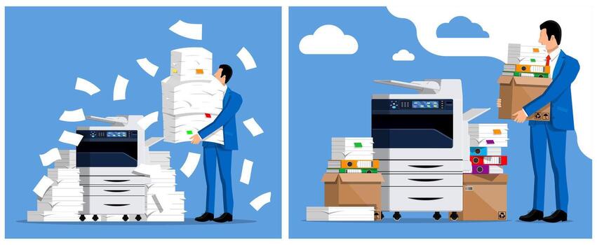 Man managing stacks of documents and printer vector