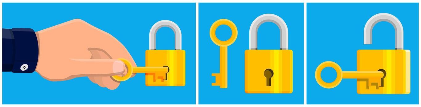 Unlocking a padlock with a key vector