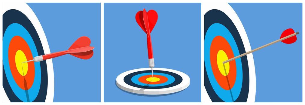 Darts hitting the bullseye on a target vector
