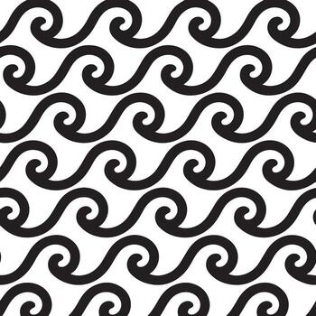 Abstract black and white repeating wave pattern with swirling scroll motifs vector