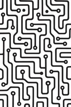 Intricate black and white circuit board pattern with numerous interconnected lines and nodes vector