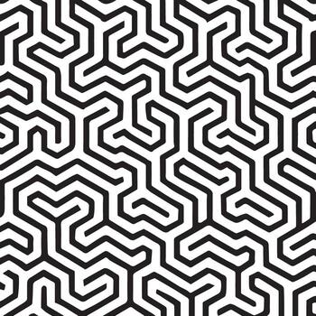 Intricate black and white geometric maze pattern with repeating hexagonal tessellation and interlocking lines vector