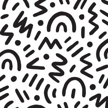Retro memphis style abstract pattern with black wavy lines arches dots and dashes vector