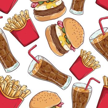 rápido comida sin costura modelo con hamburguesa, papas fritas y reajuste salarial vector