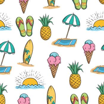 Seamless pattern with pineapple, ice cream, and beach items vector