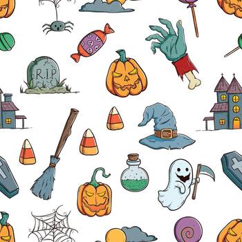 Seamless halloween pattern with various objects vector