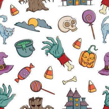 Seamless halloween pattern with halloween objects and characters vector