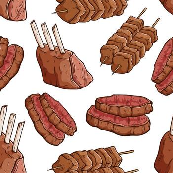 Seamless pattern of meat skewers and beef steak vector