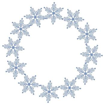 Elegant circular frame design featuring a delicate arrangement of intricately detailed snowflakes in a soft blue hue, perfect for winter themed projects. vector