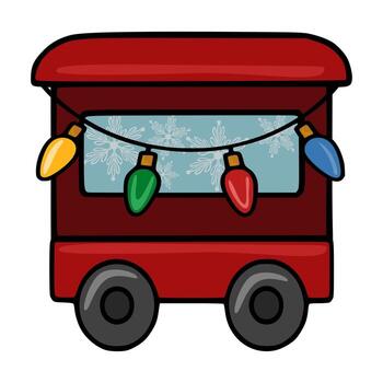 Festive Christmas illustration of a red toy train carriage with a string of colorful lights and snowflake pattern on its window. vector