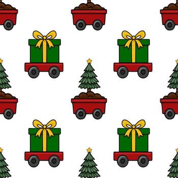 Seamless pattern featuring a whimsical Christmas train carrying gifts and miniature Christmas trees in red wagons, creating a joyful and festive design. vector