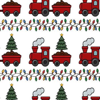Seamless pattern featuring a whimsical Christmas train carrying Christmas trees, interspersed with festive string lights, creating a charming and playful holiday design. vector