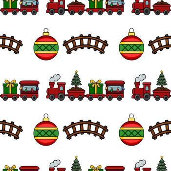 Seamless Christmas pattern featuring a charming toy train carrying gifts and a Christmas tree, interspersed with festive ornaments and a railway bridge, creating a joyful holiday design. vector
