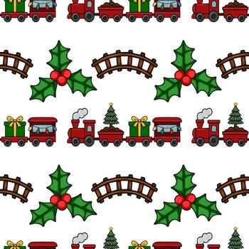Seamless pattern featuring a charming Christmas train carrying gifts and a Christmas tree, interspersed with holly sprigs and railway bridges, creating a festive and playful design. vector