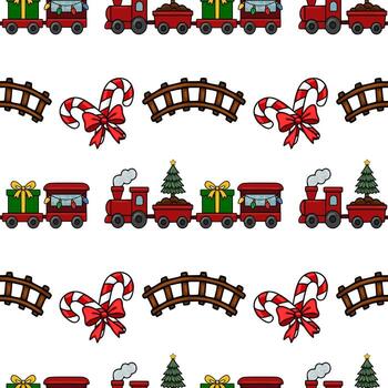 Seamless pattern featuring a charming Christmas train carrying gifts and a Christmas tree, interspersed with candy canes and a railway bridge, creating a festive and playful design. vector