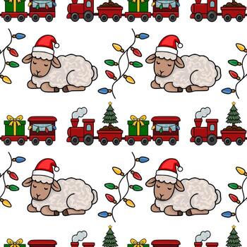Seamless Christmas pattern featuring a whimsical train, sleeping sheep in Santa hats, and festive string lights, creating a charming and cozy holiday design. vector