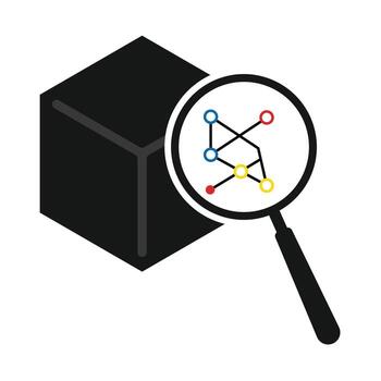 Transparent AI Cube with Magnifying Glass Revealing Neural Network Inside vector