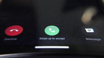 entrante teléfono llamada notificación desplegado en un teléfono inteligente pantalla, con un deslizar hacia arriba gesto a responder el llamada video