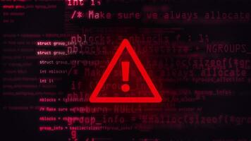vermelho Atenção mensagem em fonte código bg, alerta sinal, exclamação marca dentro uma triângulo em Preto bg. alerta perceber, problema, perigo, falhou em emergência, alerta perceber, computador hacking erro video