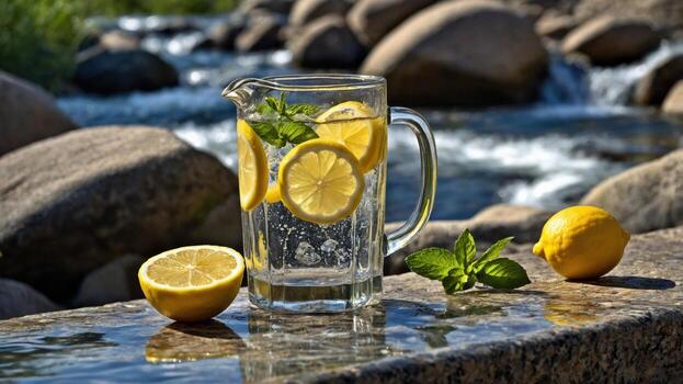 Refreshing pitcher of lemonade with lemon slices and mint by a flowing river surrounded by rocks photo