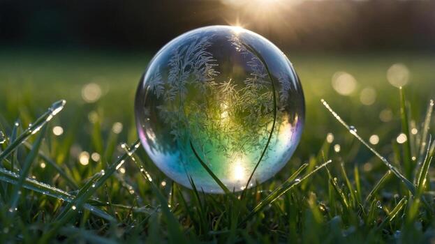 A close-up view of a soap bubble resting on grass, reflecting sunlight and intricate frost patterns photo
