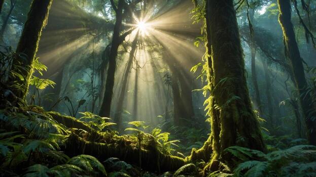 Sunlight filtering through lush green trees in a serene forest, creating a magical atmosphere photo
