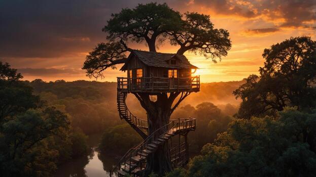 Serene treehouse at sunset, nestled in lush greenery, with a winding staircase and tranquil river nearby photo