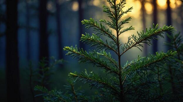 Close-up of a pine branch illuminated by soft sunlight in a serene forest setting at dusk photo